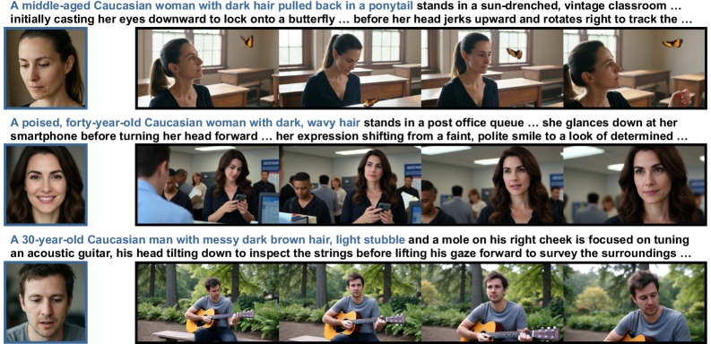 ST-DRC teaser showing identity-preserving text-to-video generation results
